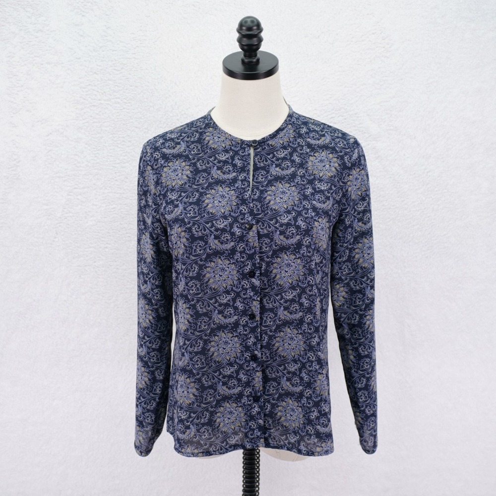 Villager Petite Liz Claiborne Blue Crew Key Hole Neck Button Up Shirt Top 6P